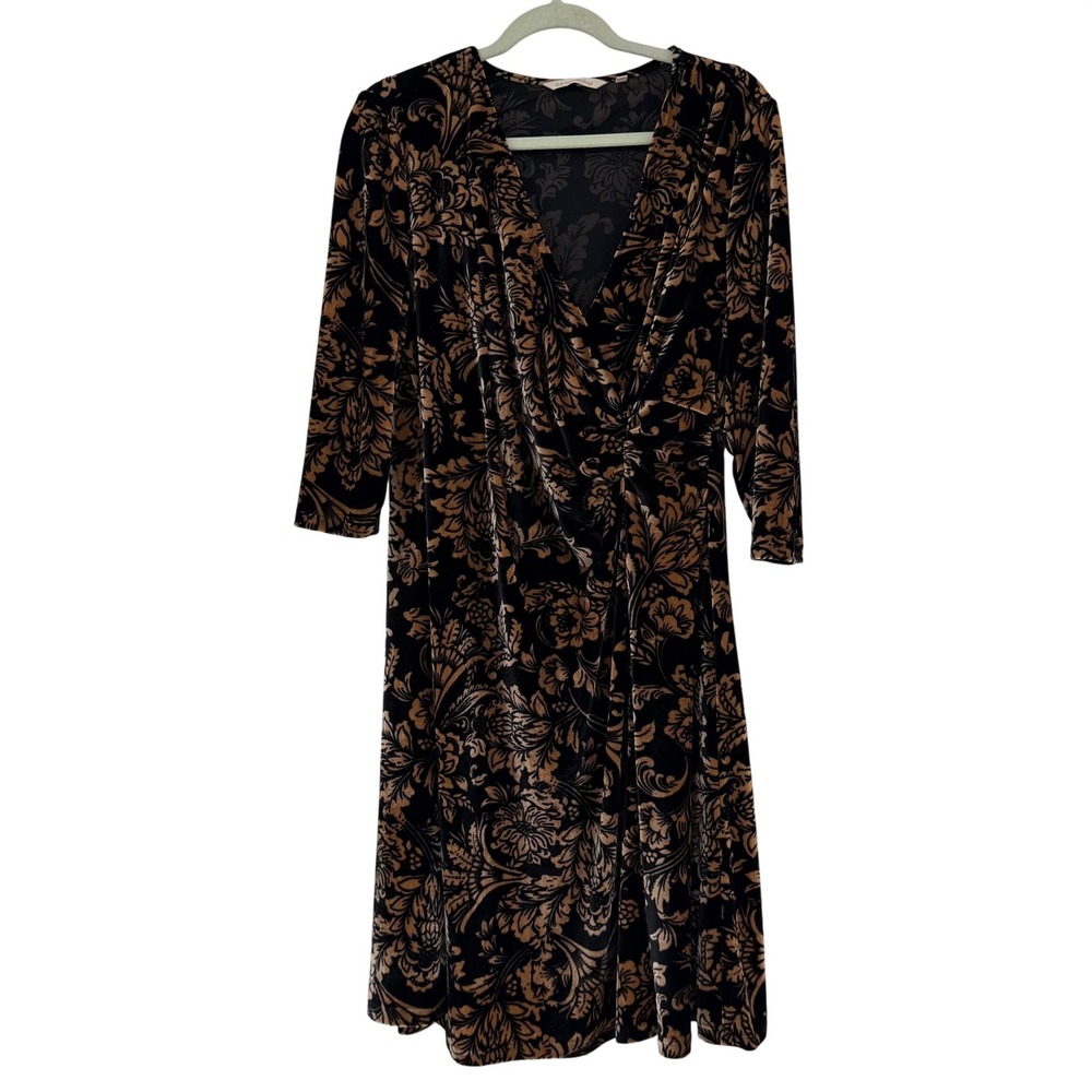 Soft Surroundings Velvet Burnout Floral Wrap Dress Gold Black Large 2GD28